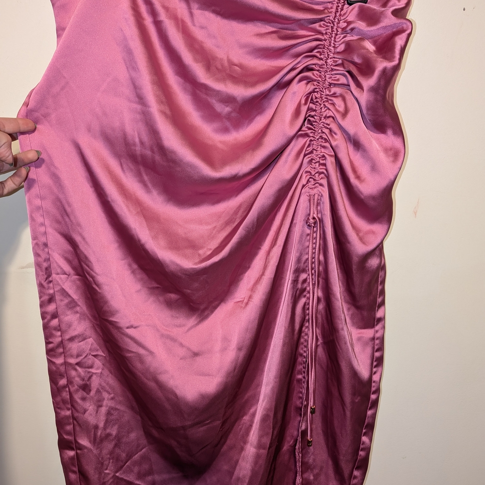 Spring Pink Ruched Satin Skirt